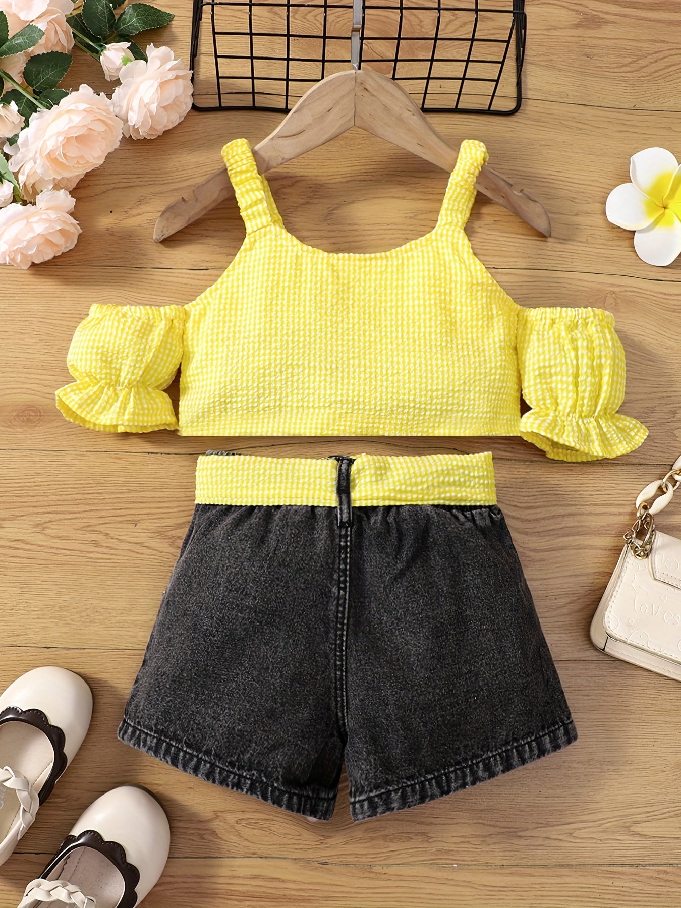 2pcs Girls Cold Shoulder Plaid Crop Tops & Denim Shorts Set