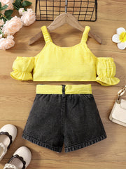 2pcs Girls Cold Shoulder Plaid Crop Tops & Denim Shorts Set