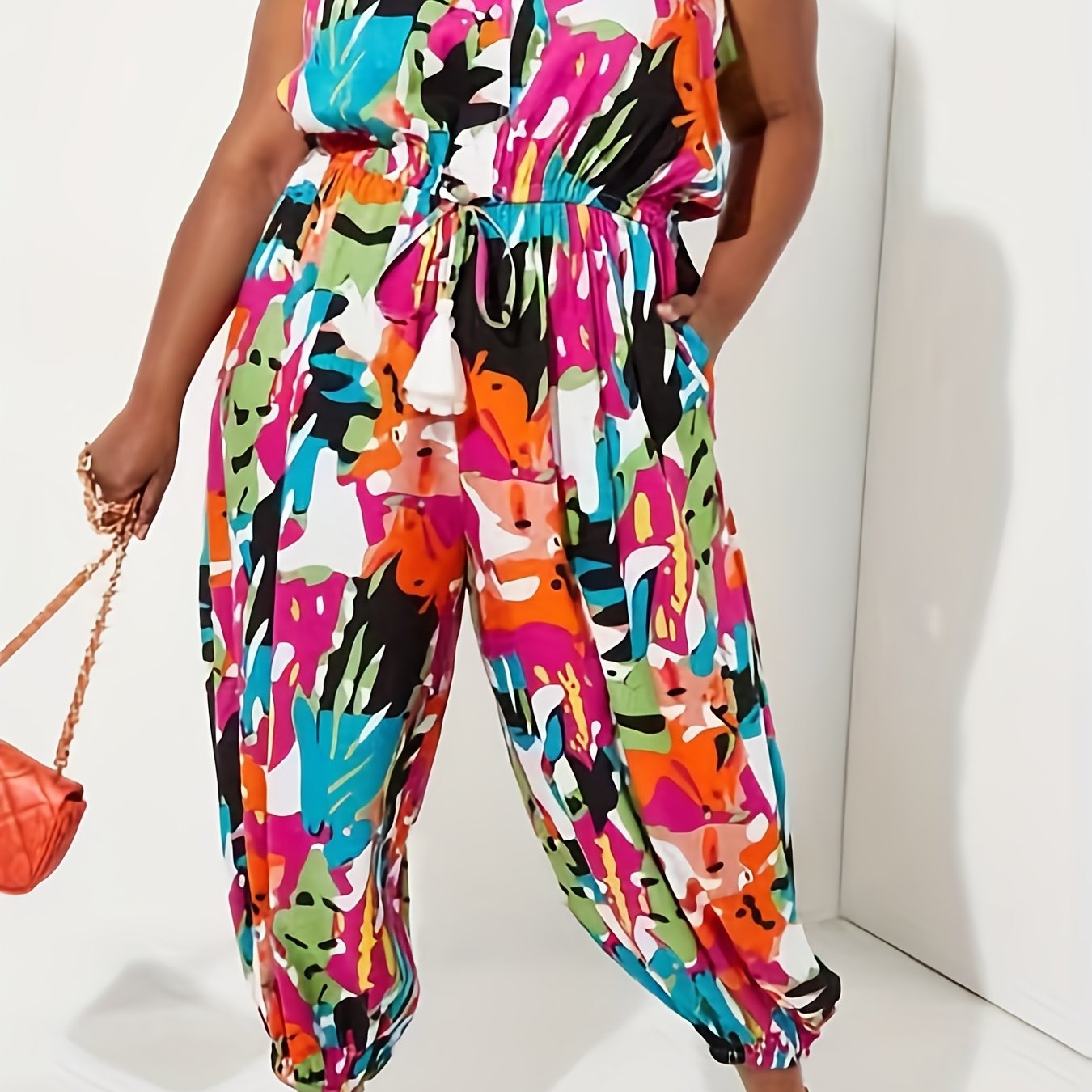 Plus Size Casual Tank Jumpsuit Allover Print V Neck Drawstring Tapered Leg
