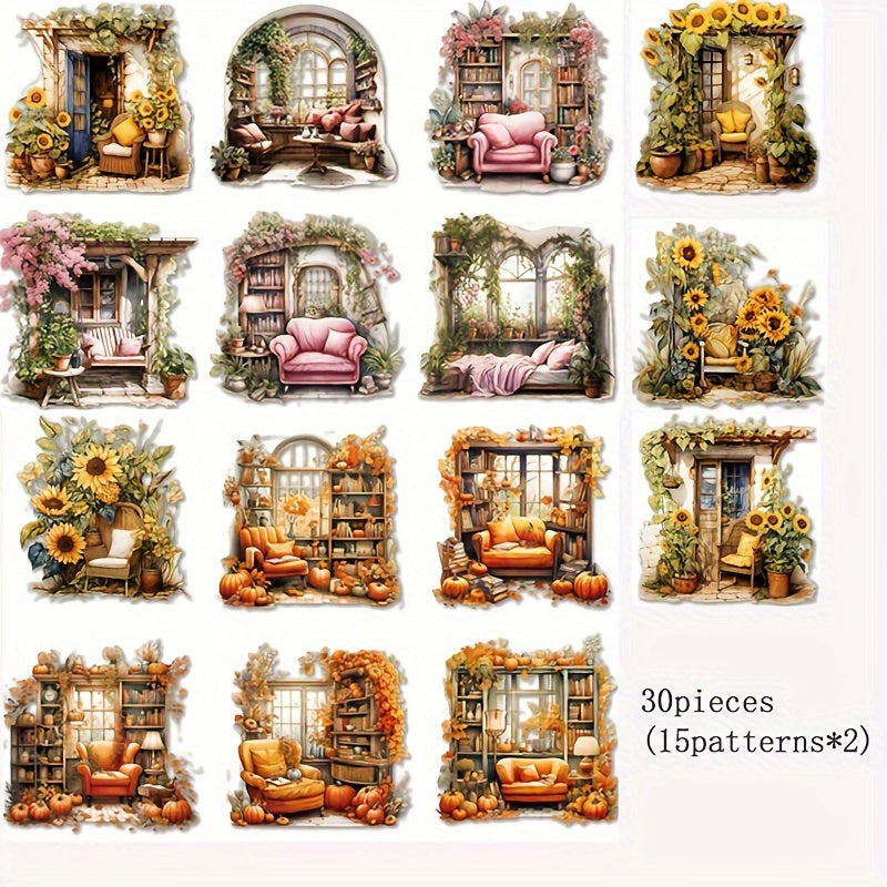 30pcs Vintage Study Garden Yard Stickers Scrapbooking Waterproof