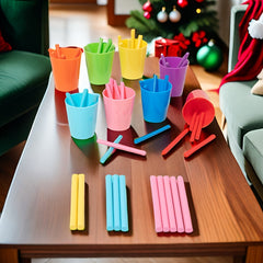 Wooden Number Matching Game with Counting Sticks & Colorful Cups