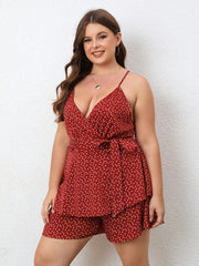 Boho Romper Women's Plus Dot Print Belted V Neck Cami Romper