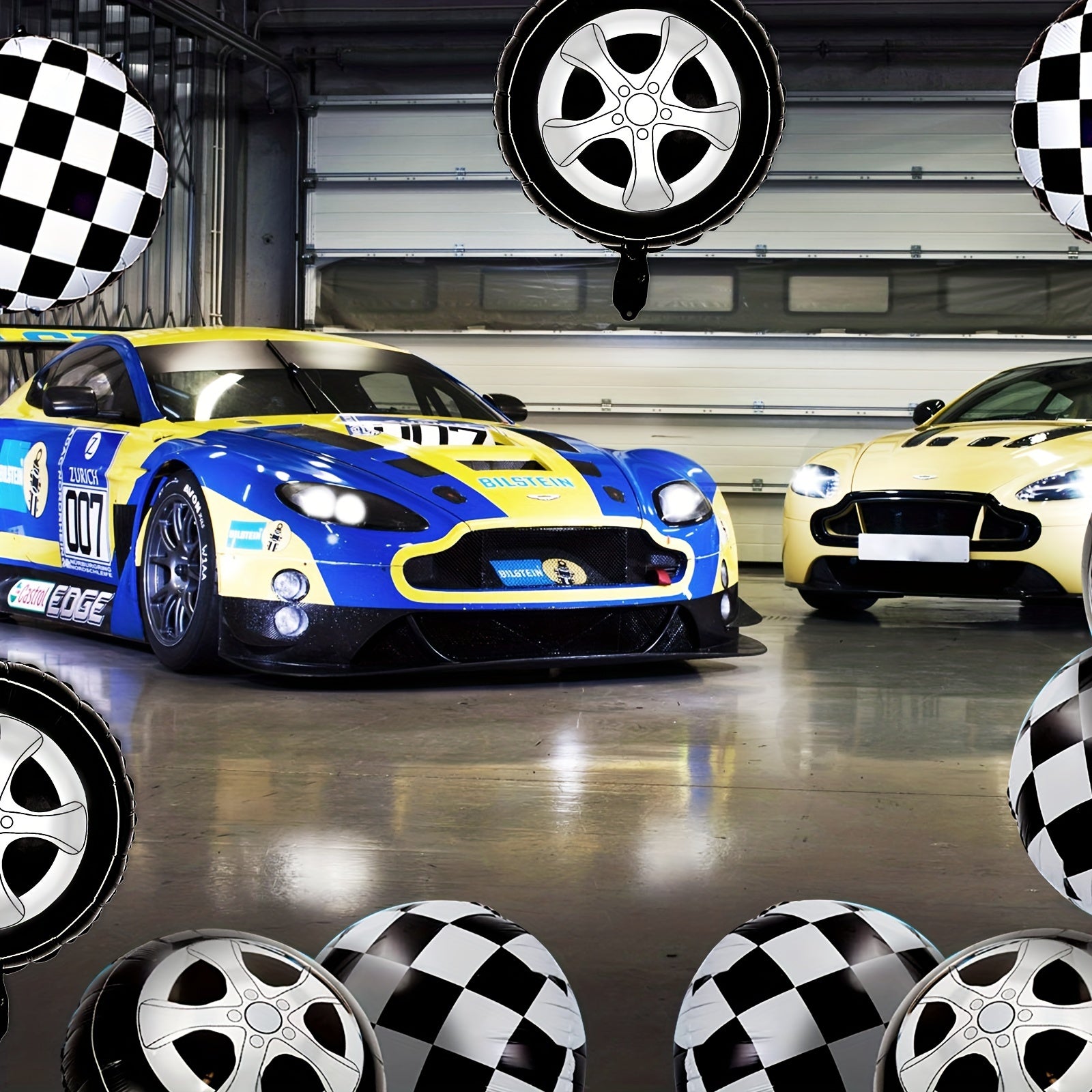 12 Pcs Checkered Racing Balloons & Car Wheel Aluminum Foil Race Car Balloons