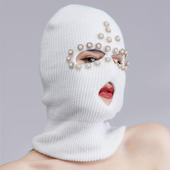 Faux Pearl Rhinestone Balaclava Hip Hop Ski Mask Y2K Knit Hat Neck Gaiter