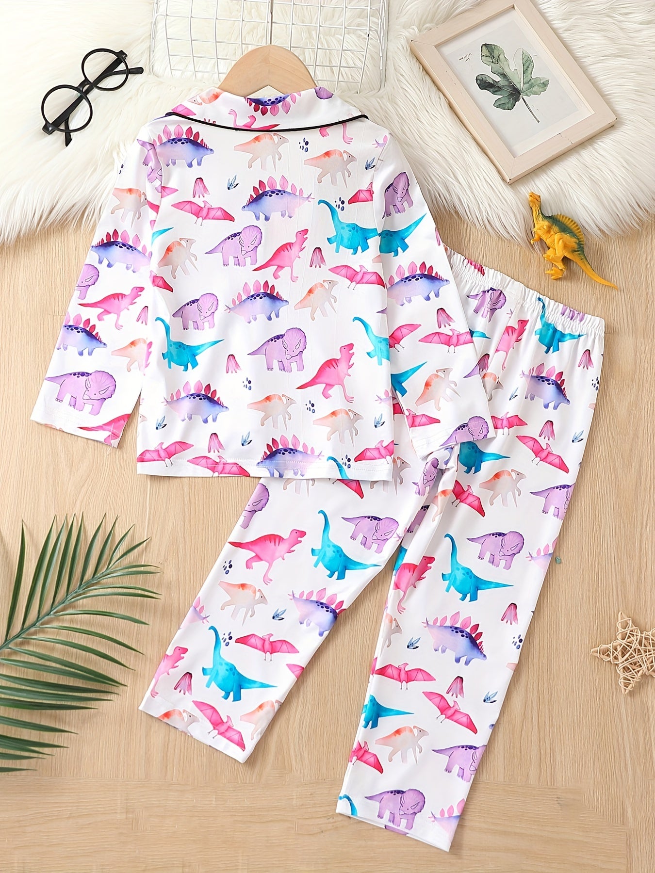 Girl's Dino Print Pajama Set Button Front Top & Elastic Pants