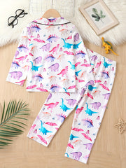 Girl's Dino Print Pajama Set Button Front Top & Elastic Pants