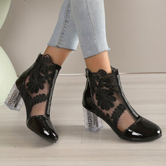 Floral Mesh High Heels Round Toe Chunky Heels Patent Leather Pumps