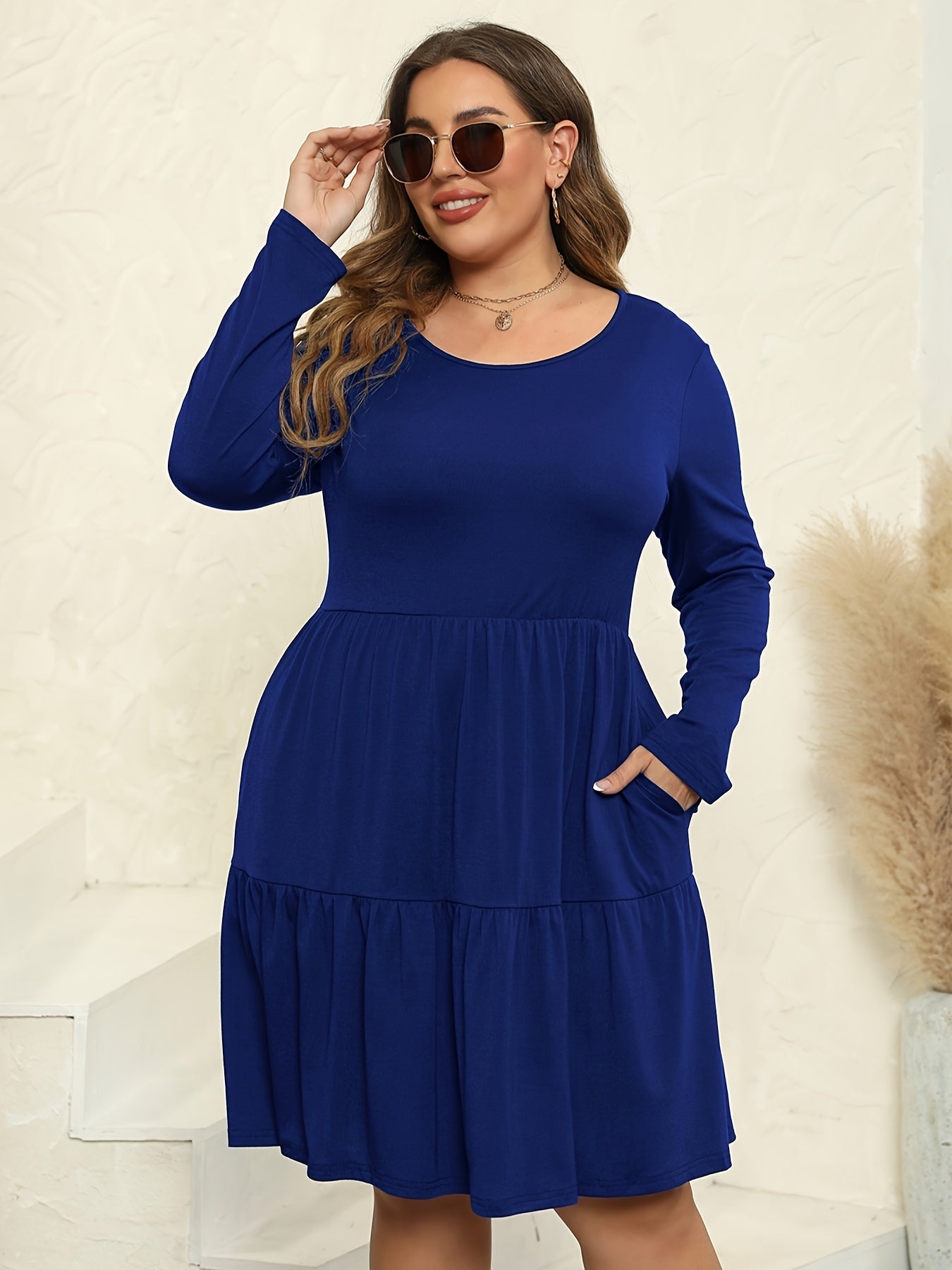 Solid Long Sleeve Knee Length Dress With Pockets