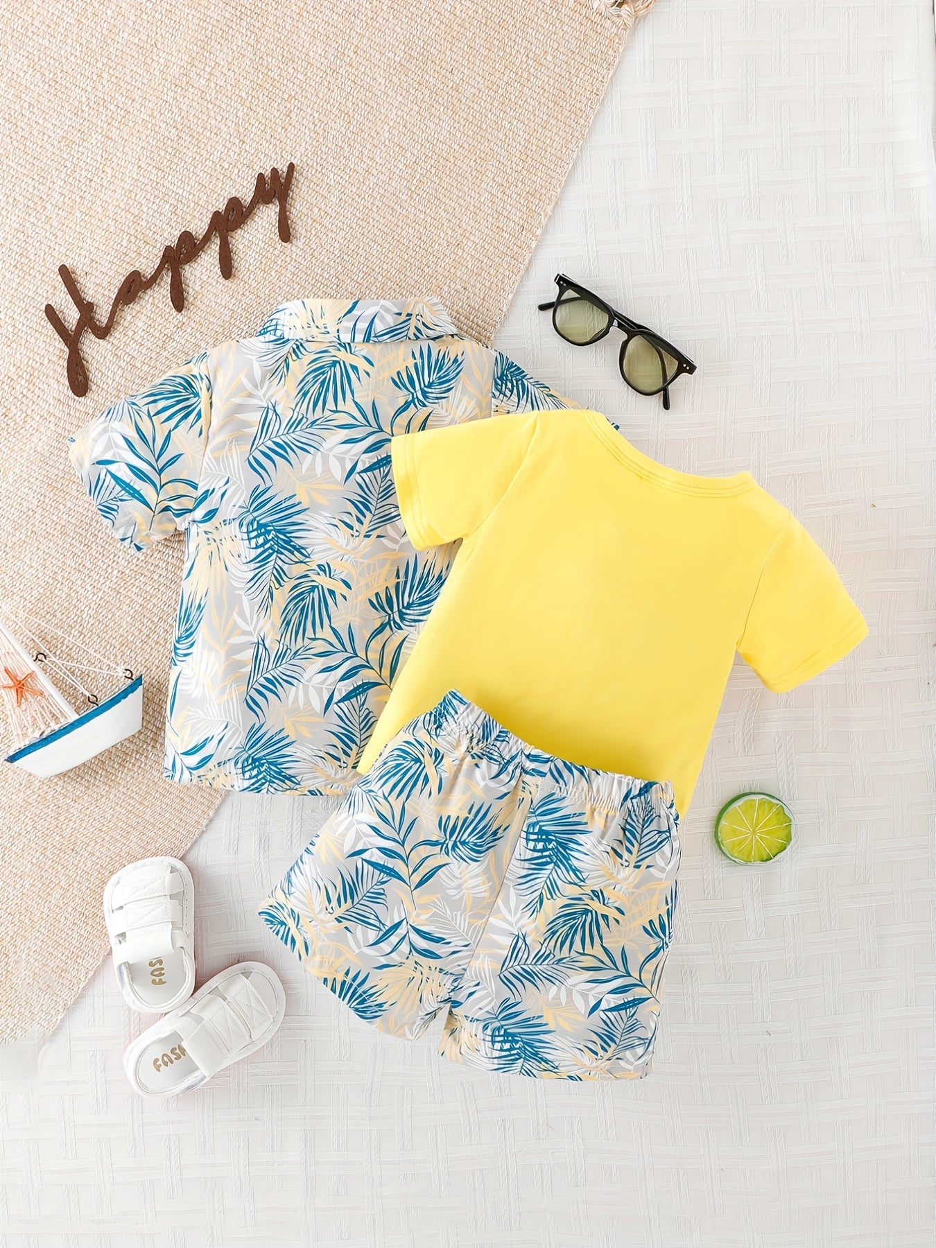 3pcs Baby Boys Leaf Print T shirt & Shirt & Shorts Set