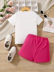 2pcs Girls Cartoon Kitten Short Sleeve Tee Elastic Waist Shorts Set