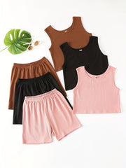 3 Sets Girls Ribbed Knit Tank Top & Shorts Summer Clothes