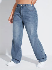 Wide Leg Washed Jeans Button Fly Casual Denim