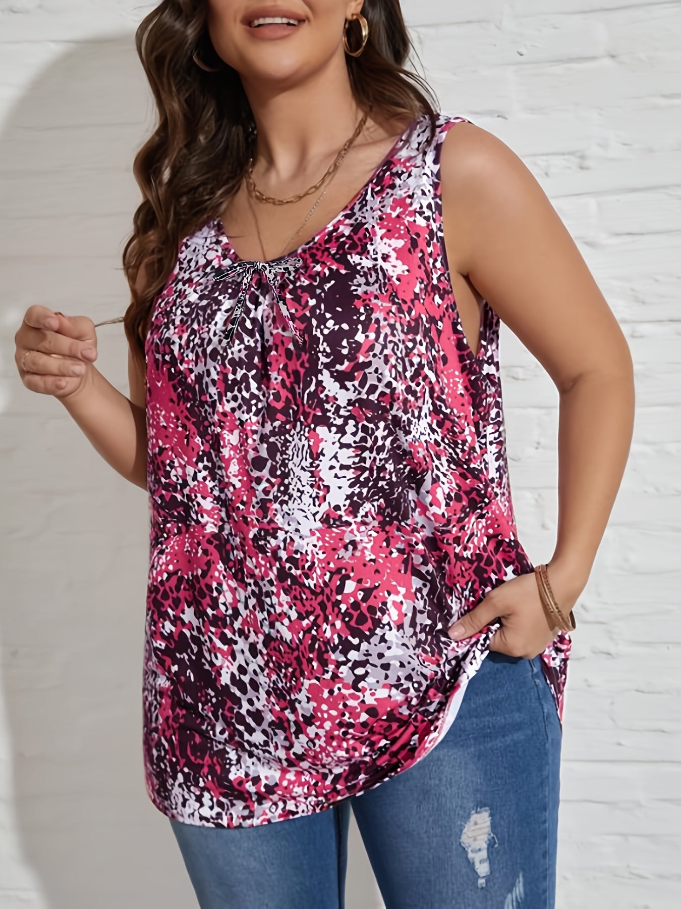 Abstract Print Drawstring Tank Top Sleeveless Top