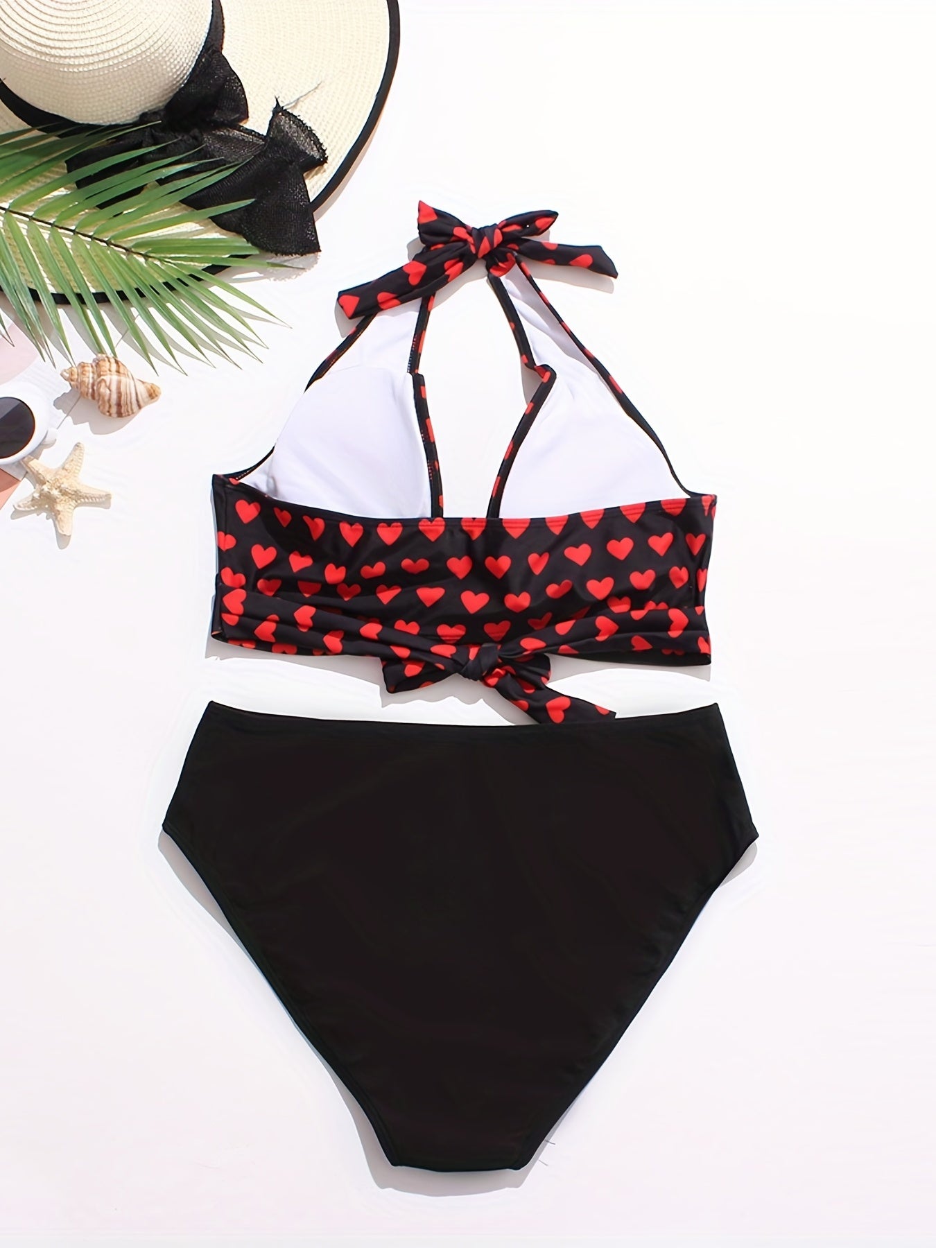 Heart Print Knot Front Heart Ring Top & Panty 2pcs Swimsuit Set