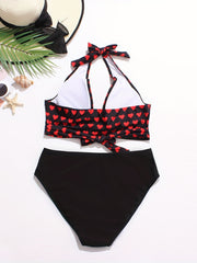Heart Print Knot Front Heart Ring Top & Panty 2pcs Swimsuit Set