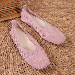Women's Breathable Knit Slip On Flat Shoes Lightweight Square Toe Shoes
