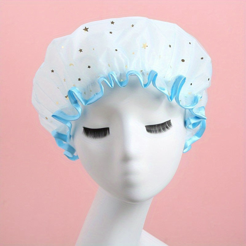 Star Print Reusable Shower Cap Double Layer Waterproof Soft Comfortable Bath Cap