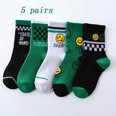 5pairs Checker Smiling Face Crew Socks for Kids