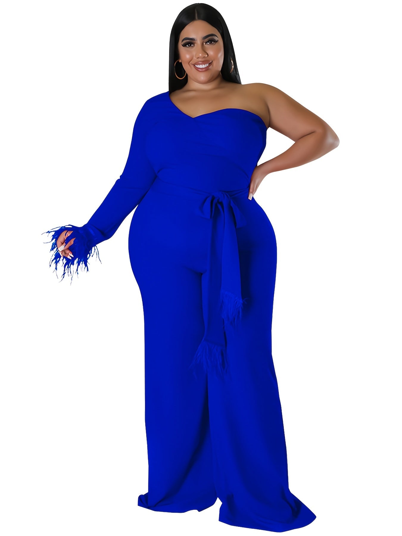 Solid Tassel Trim One Shoulder Jumpsuit Plus Size