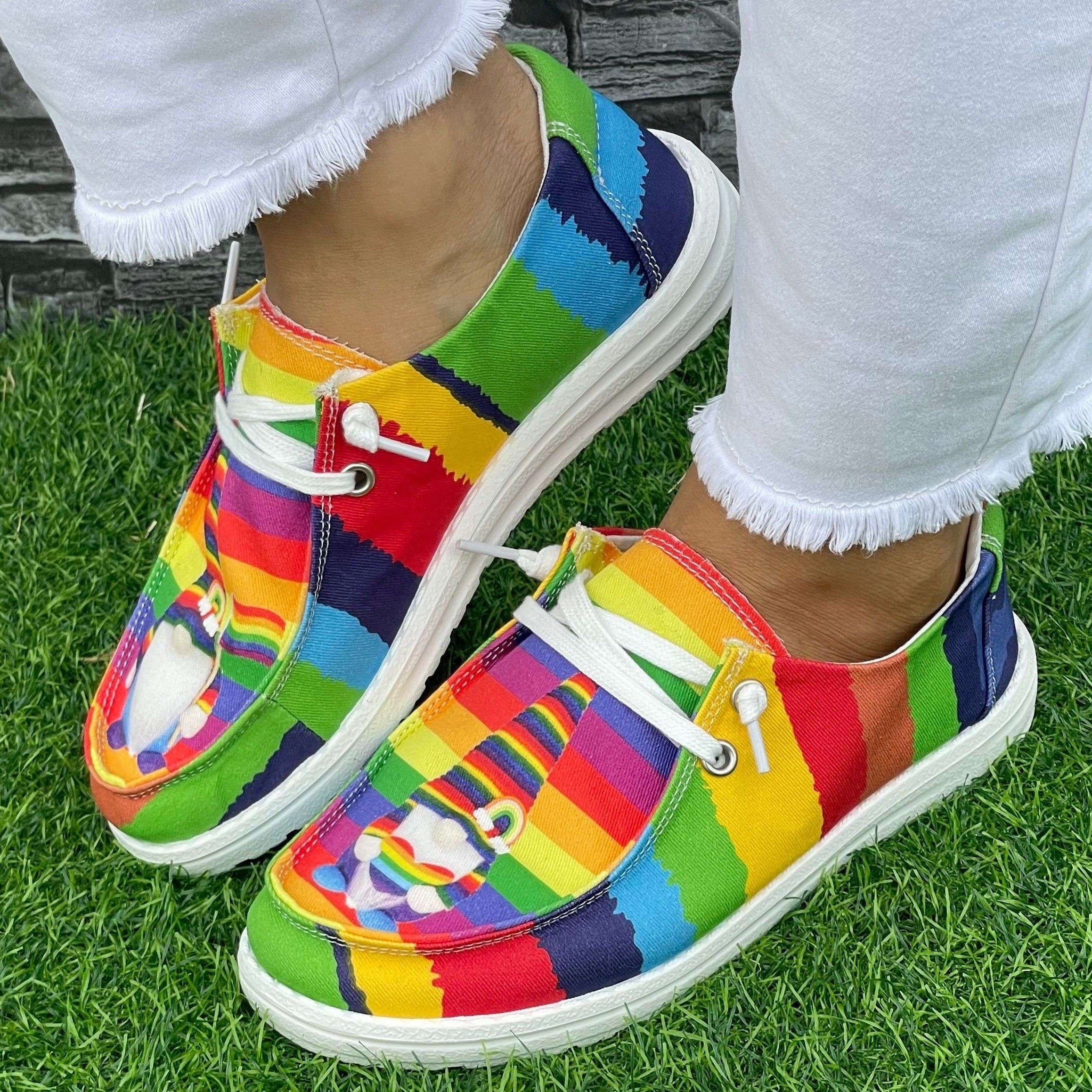 Rainbow Strip Dwarf Pattern Flat Shoes Women's Lightweight Casual Shoes