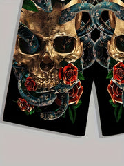 Skull Rose Print Shorts Men's Casual Elastic Waist Summer Shorts