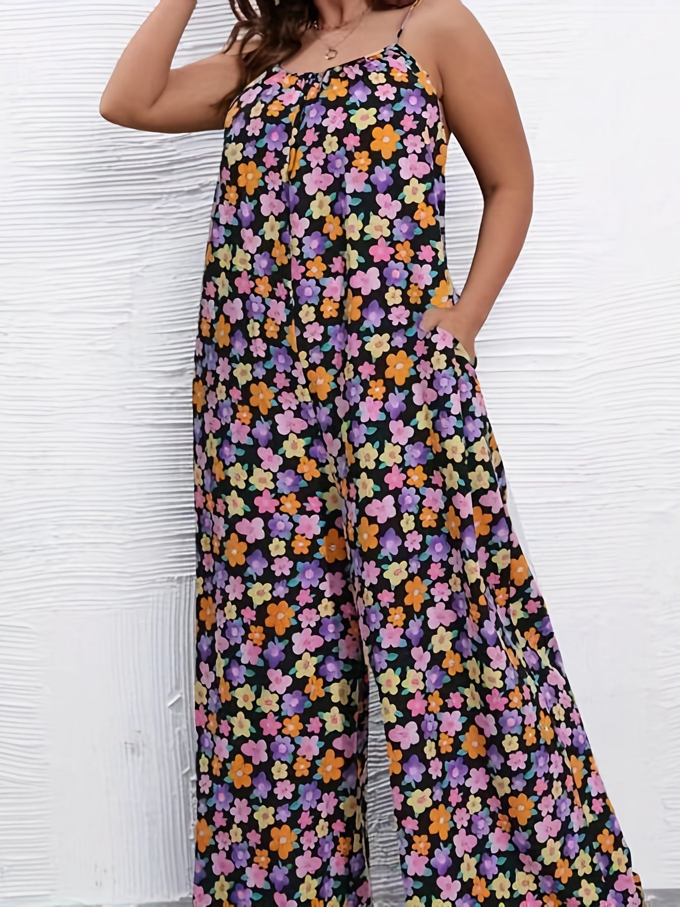 Floral Print V Neck Cami Jumpsuit With Pockets