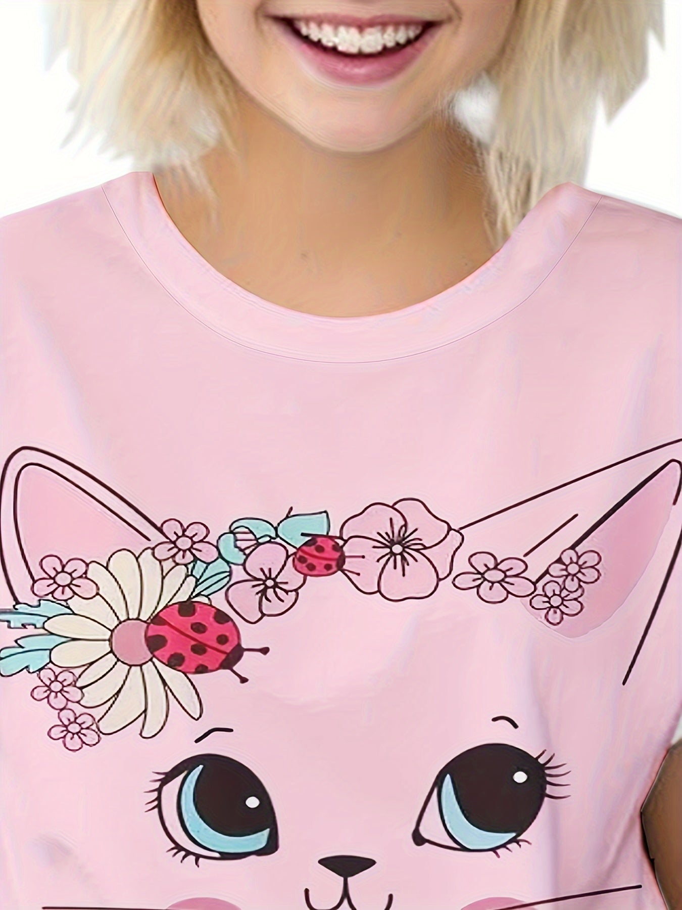 Kids Flower Kitty Graphic Short Sleeve T-shirt for Summer
