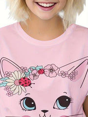 Kids Flower Kitty Graphic Short Sleeve T-shirt for Summer