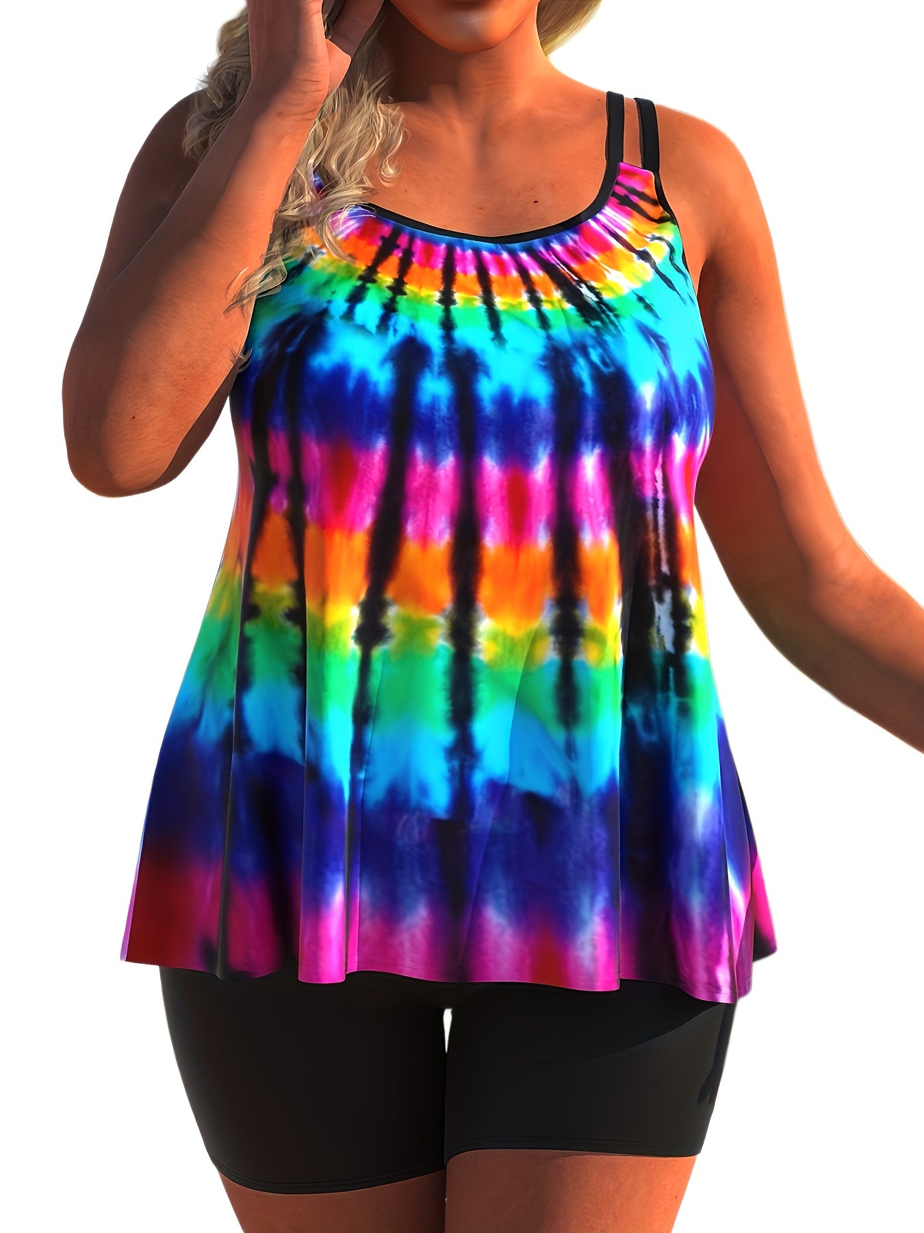 Rainbow Tie Dye Tankini Set Women's Cami Top & Shorts Swimsuit