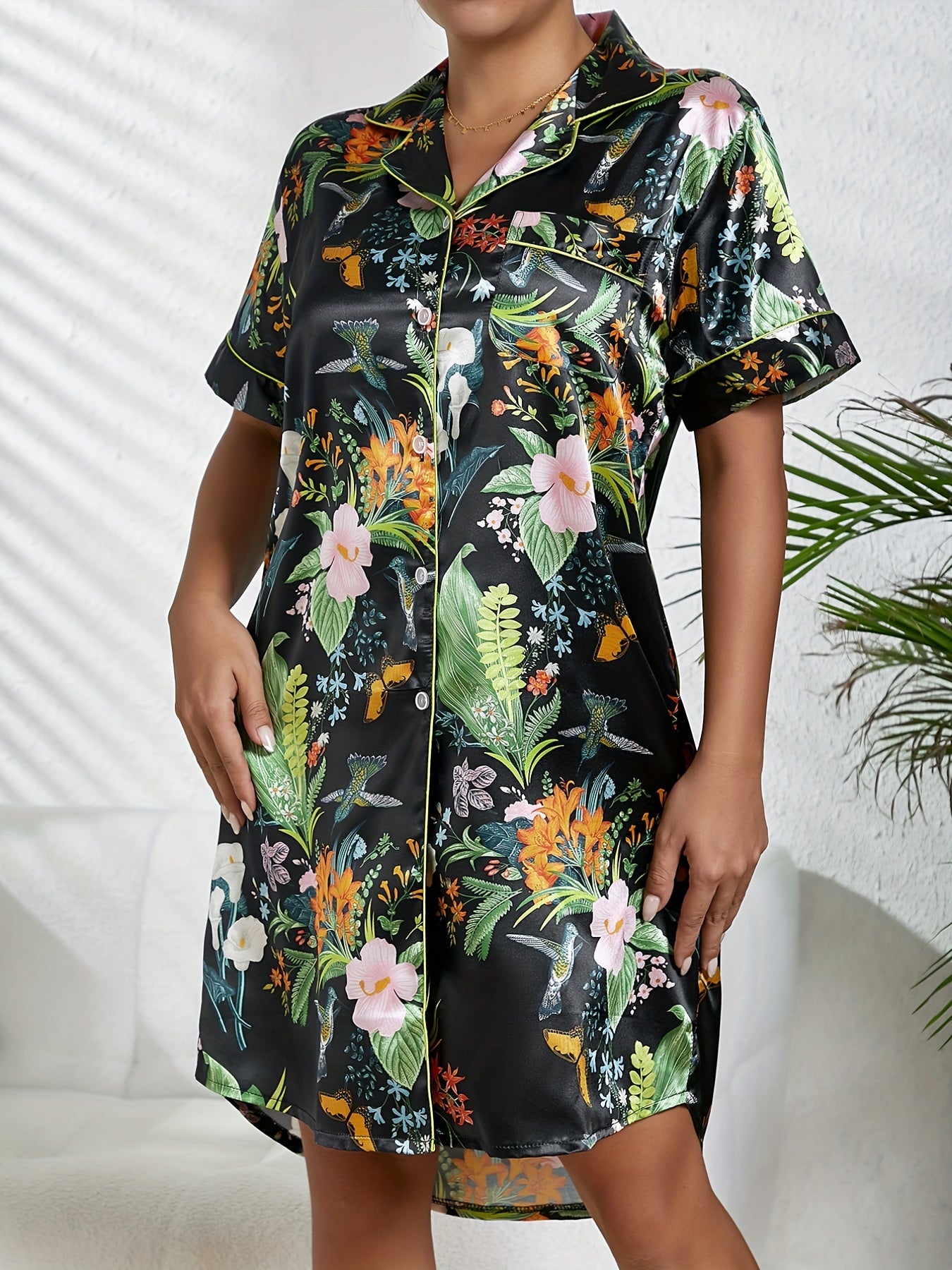 Floral Print NightDress Short Sleeve Buttons Pajama Dress Women's Sleepwear