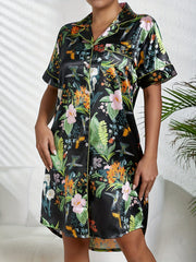 Floral Print NightDress Short Sleeve Buttons Pajama Dress Women's Sleepwear