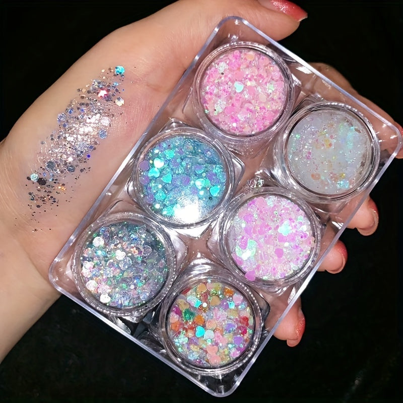 6pcs Glitter Gel Body Face Makeup Holographic Chunky Glitter Eyeshadow