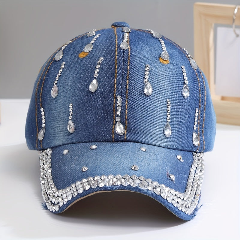 Distressed Denim Rhinestone Baseball Cap Adjustable Sun Hat