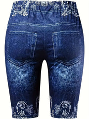 Skull & Flower Print High Waist Denim Shorts