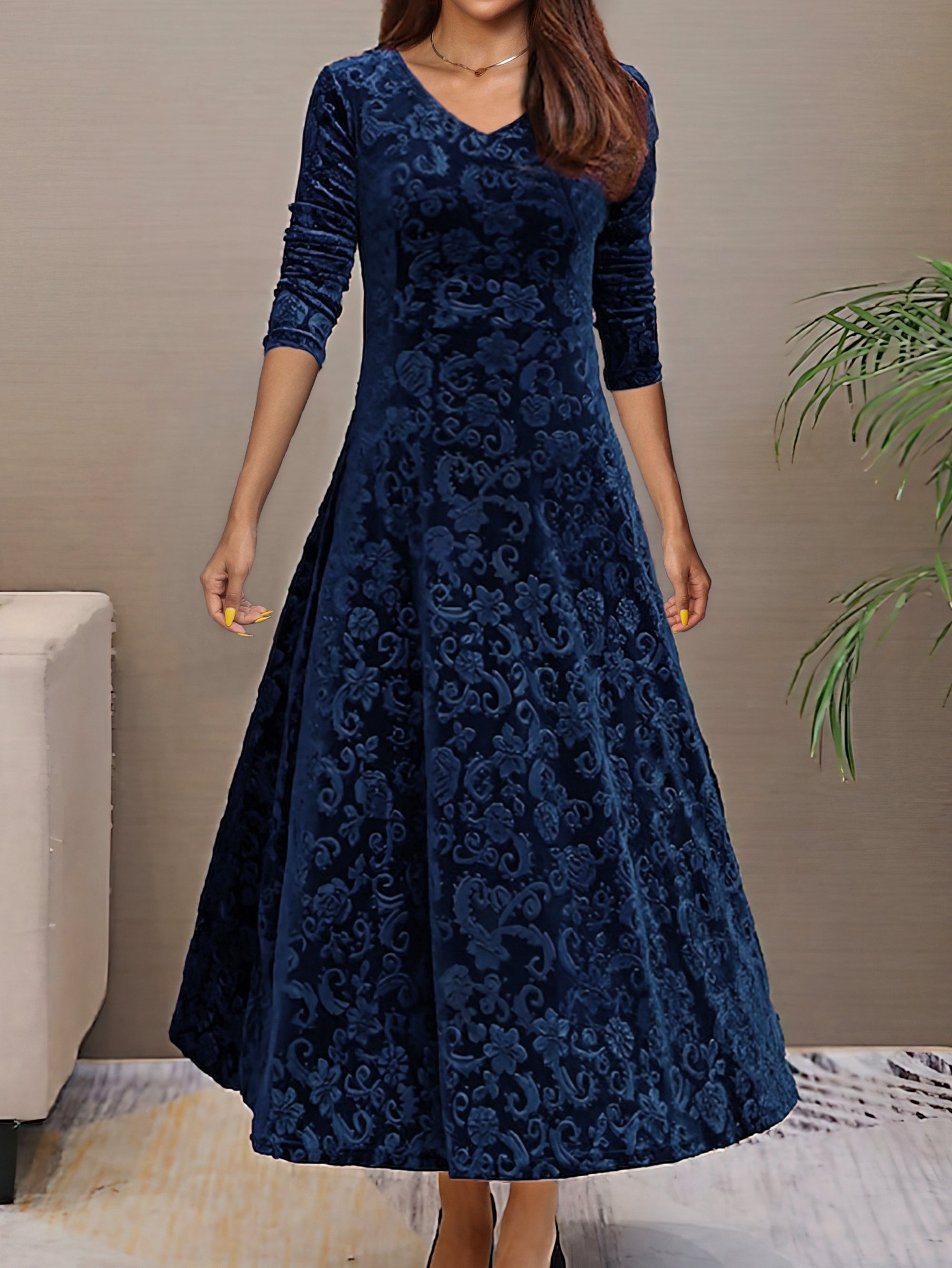 Velvet Floral Maxi Dress Long Sleeve Round Neck