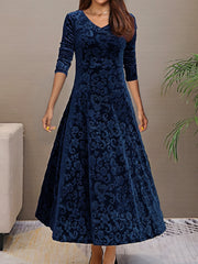 Velvet Floral Maxi Dress Long Sleeve Round Neck