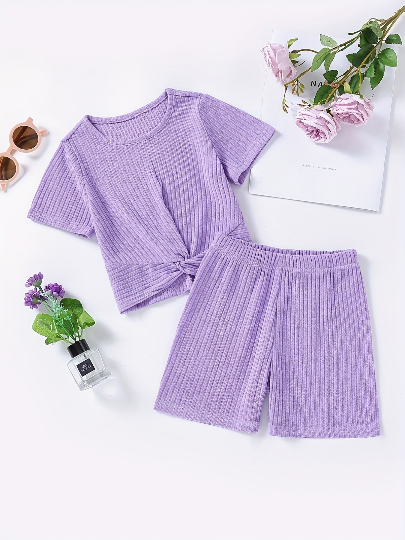 2pcs Toddler Girls Ribbed Knit T Shirt Top & Biker Shorts Set