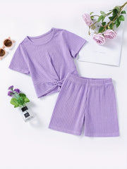 2pcs Toddler Girls Ribbed Knit T Shirt Top & Biker Shorts Set