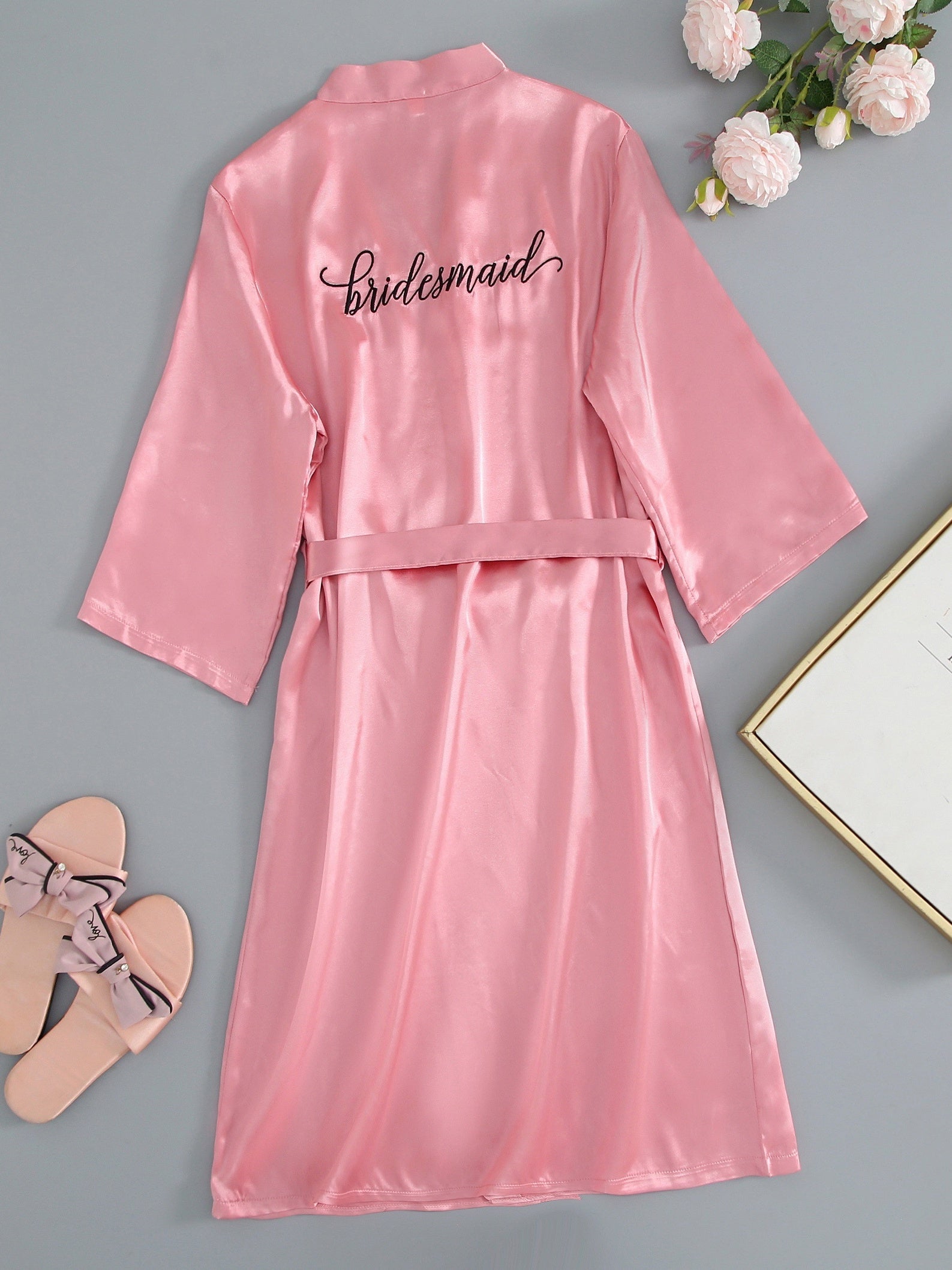 Letter Embroidery Satin Night Robe With Belt Women's Sleepwear