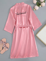 Letter Embroidery Satin Night Robe With Belt Women's Sleepwear