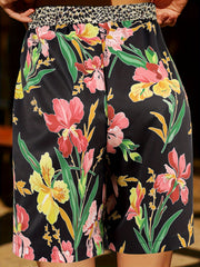 Leopard & Floral Print Boho Shorts Elastic Waist Summer Women's Clothing