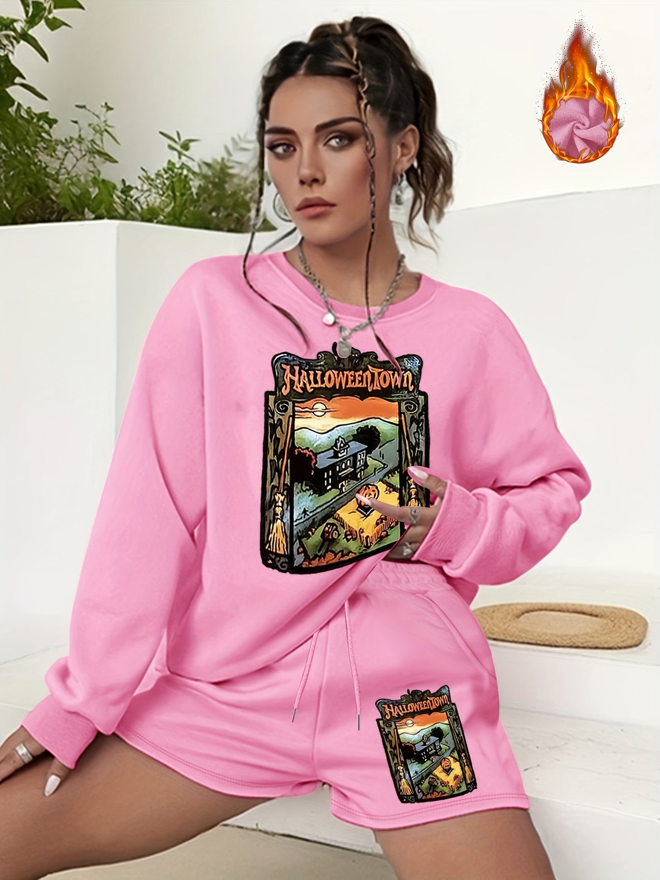 Halloween 2pcs Set Women's Graphic Sweatshirt & Shorts