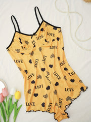 Heart & Letter Print Pajama Romper V Neck Backless Lingerie & Sleepwear