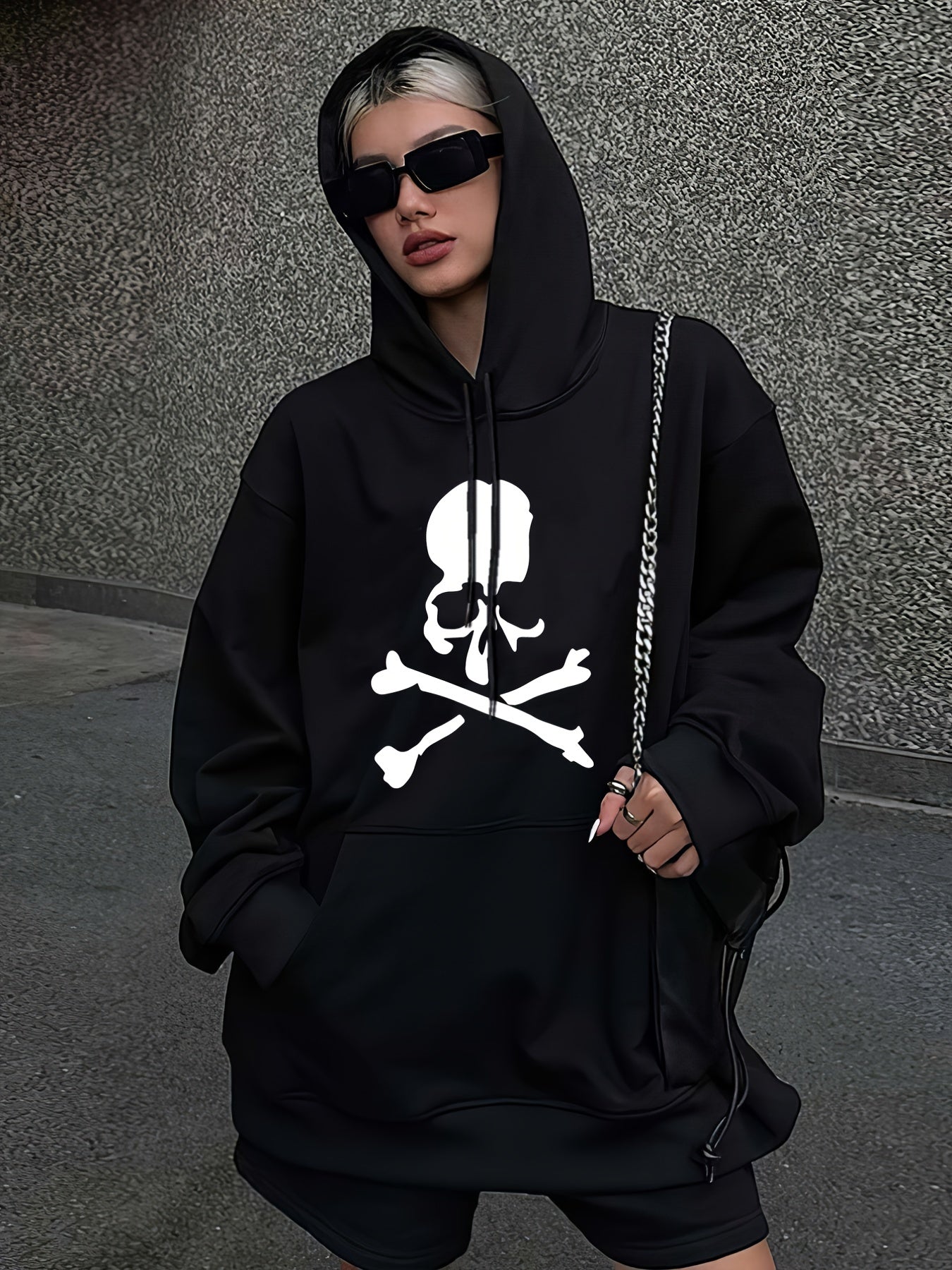 Skull Print Drawstring Sports Sweatshirt for Halloween Warm Plush Inner Hoodies