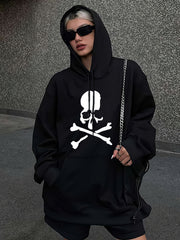 Skull Print Drawstring Sports Sweatshirt for Halloween Warm Plush Inner Hoodies