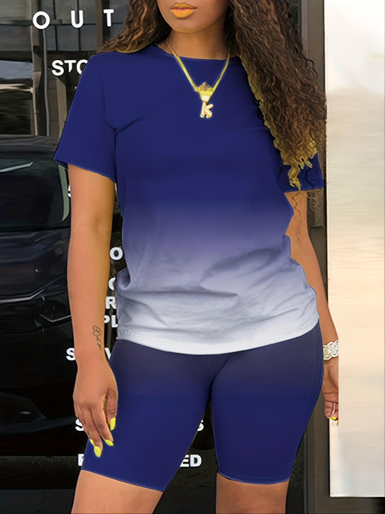 Ombre Print Short Sleeve Tops & Biker Shorts Set