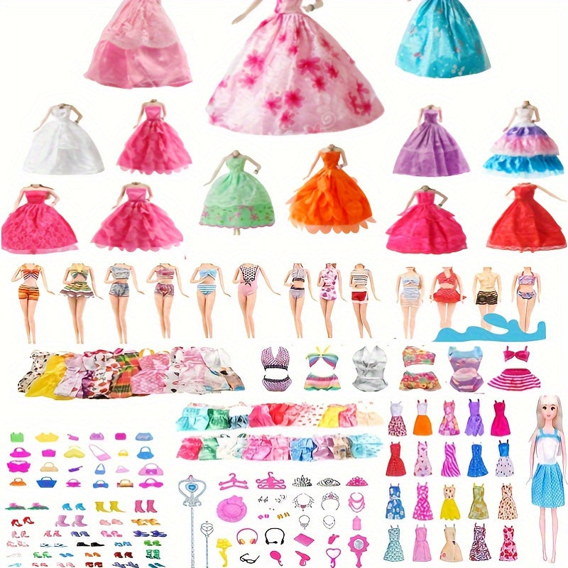 57pcs Doll Clothes & Accessories: 5 Wedding Dresses, 3 Swimsuit, 4 Short Skirts