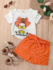 2pcs Girls Ruffle T Shirt & Polka Dot Belted Shorts Set