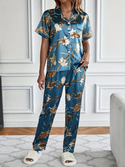 Floral Print Pajamas Set Button Up Blouse & Elastic Waistband Pants