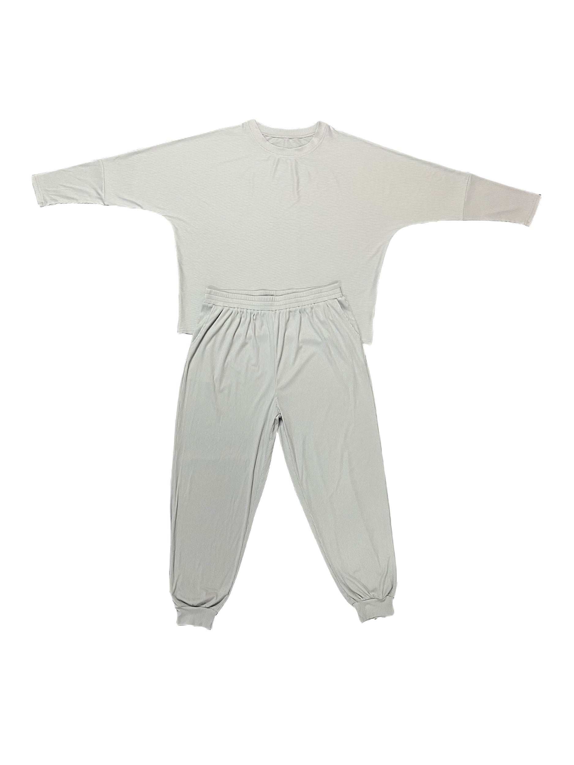 Solid Ribbed Top & Pants Set, Long Sleeve Round Neck, Casual 2-Piece